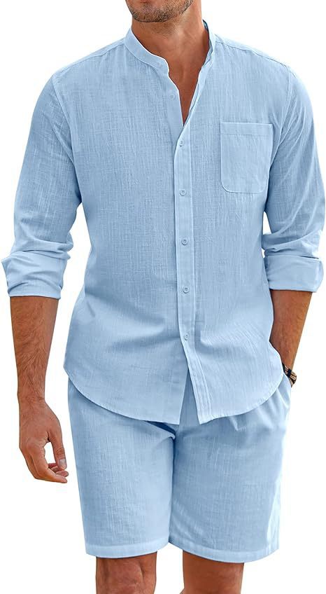 Herren Leinenanzug Kurzarm Hemd Shorts Sommer