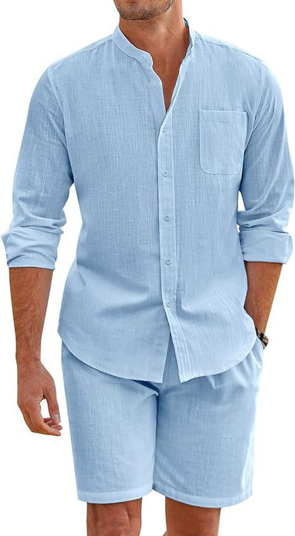 Herren Leinenanzug Kurzarm Hemd Shorts Sommer