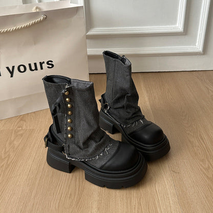 Damen Stiefeletten Chunky Robust mit Riemen Schwarz