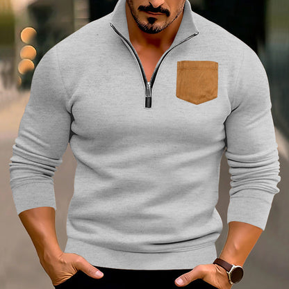 Herren Pullover Sportlich Halbzipper Kontrasttasche