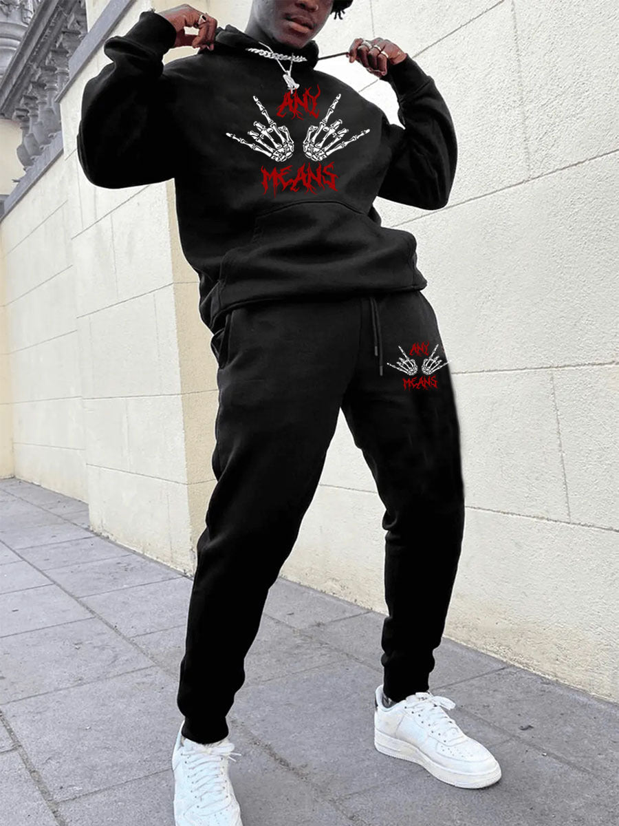Herren Hoodie Set mit Skelett Motiv Jogginghose Grau