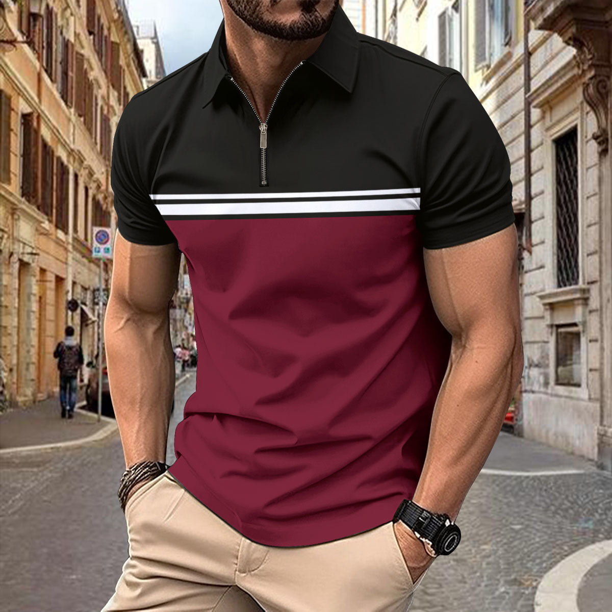 Herren Kurzarmshirt Sportlich Mit Reißverschluss Modern - BerlinGlamour
