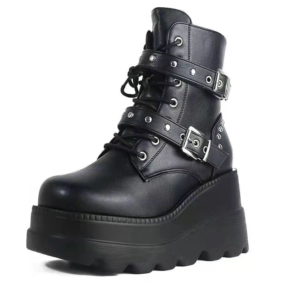 Damen Stiefeletten Plateau mit Schnallen Robust
