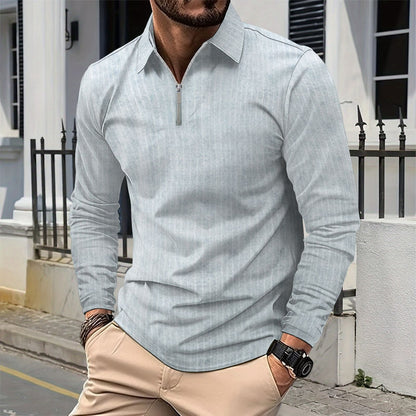Herren Langarmshirt Elegant Mit Reißverschluss Fein Gestreift
