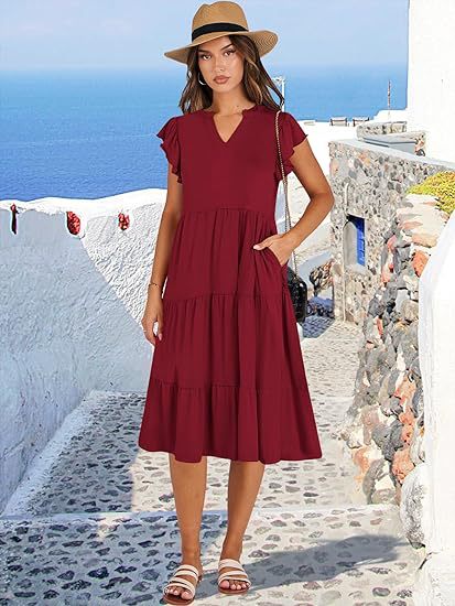 Damen Maxikleid mit Rüschendetails und Taschen Sommerkleid