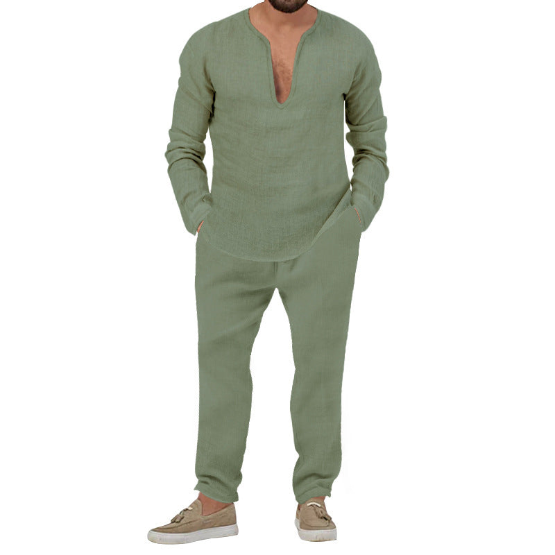 Herren Leinenanzug Set Elegantes Loungewear Stehkragen Modern