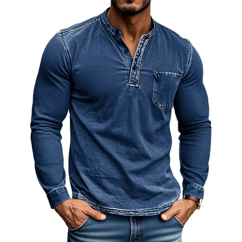 Herren Hemd Langarm Moderner Henley Kragen Slim Fit - BerlinGlamour