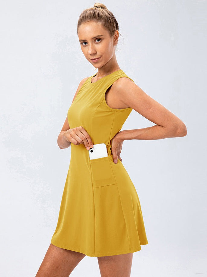 Gelbes Tenniskleid A-Linie Ärmellos Sommerkleid Sportlich