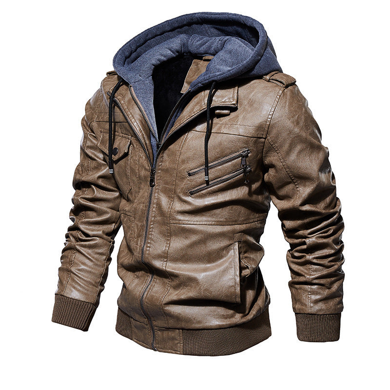 Herren Lederjacke Lässig Mit Kapuze Viel Taschen