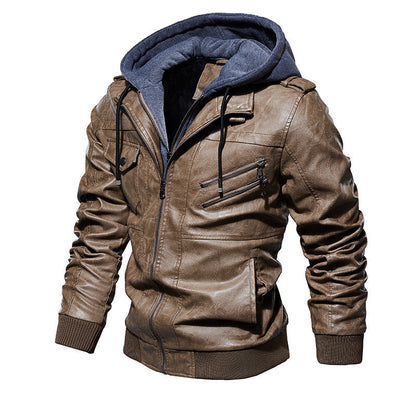 Herren Lederjacke Lässig Mit Kapuze Viel Taschen