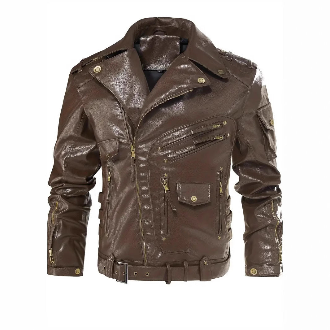 Leder Bikerjacke Herren mit Reißverschlusstaschen Gürtel Detail Schwarz