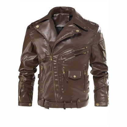 Leder Bikerjacke Herren mit Reißverschlusstaschen Gürtel Detail Schwarz