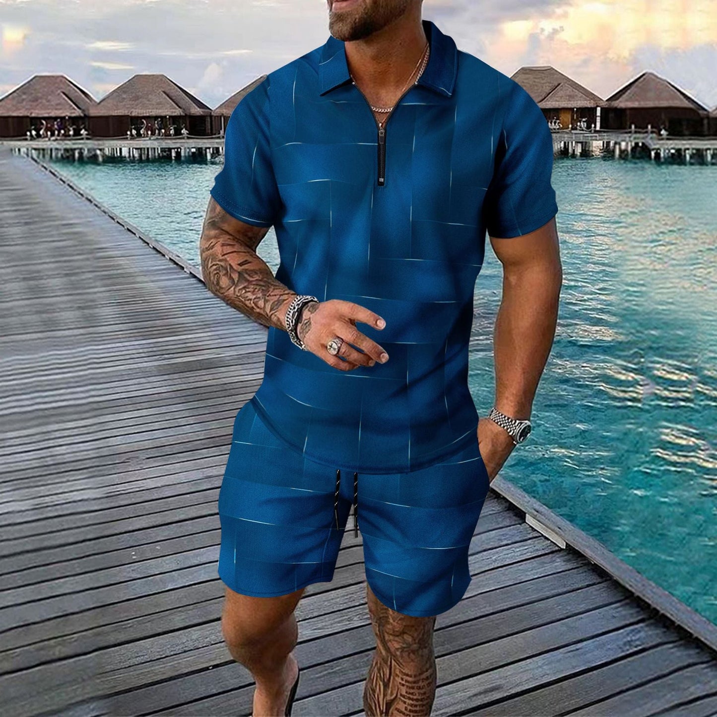 Herren Einteiler Outfit Kurzarm Reißverschluss Modern