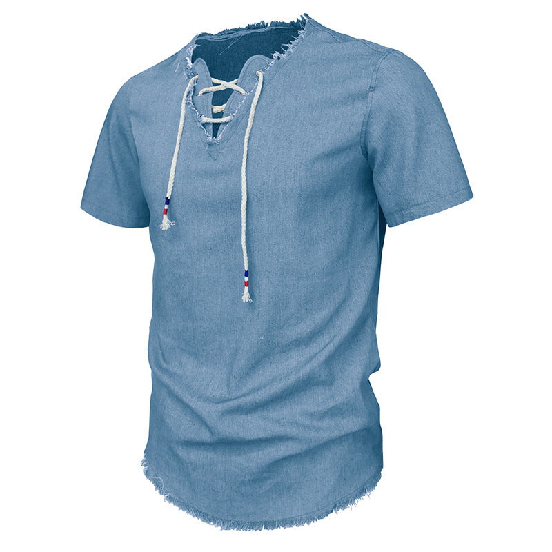 Herren T-Shirt Kurzarm V-Ausschnitt Modern Schnürung