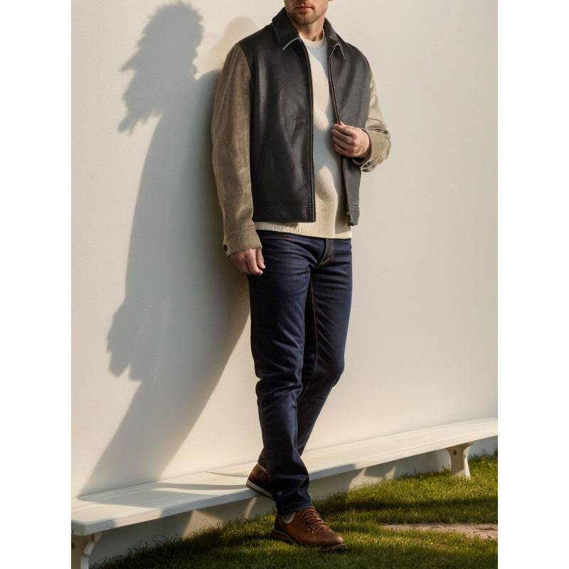 Lederjacke Herren Modern mit Kontrastärmeln Schwarz Ledermantel