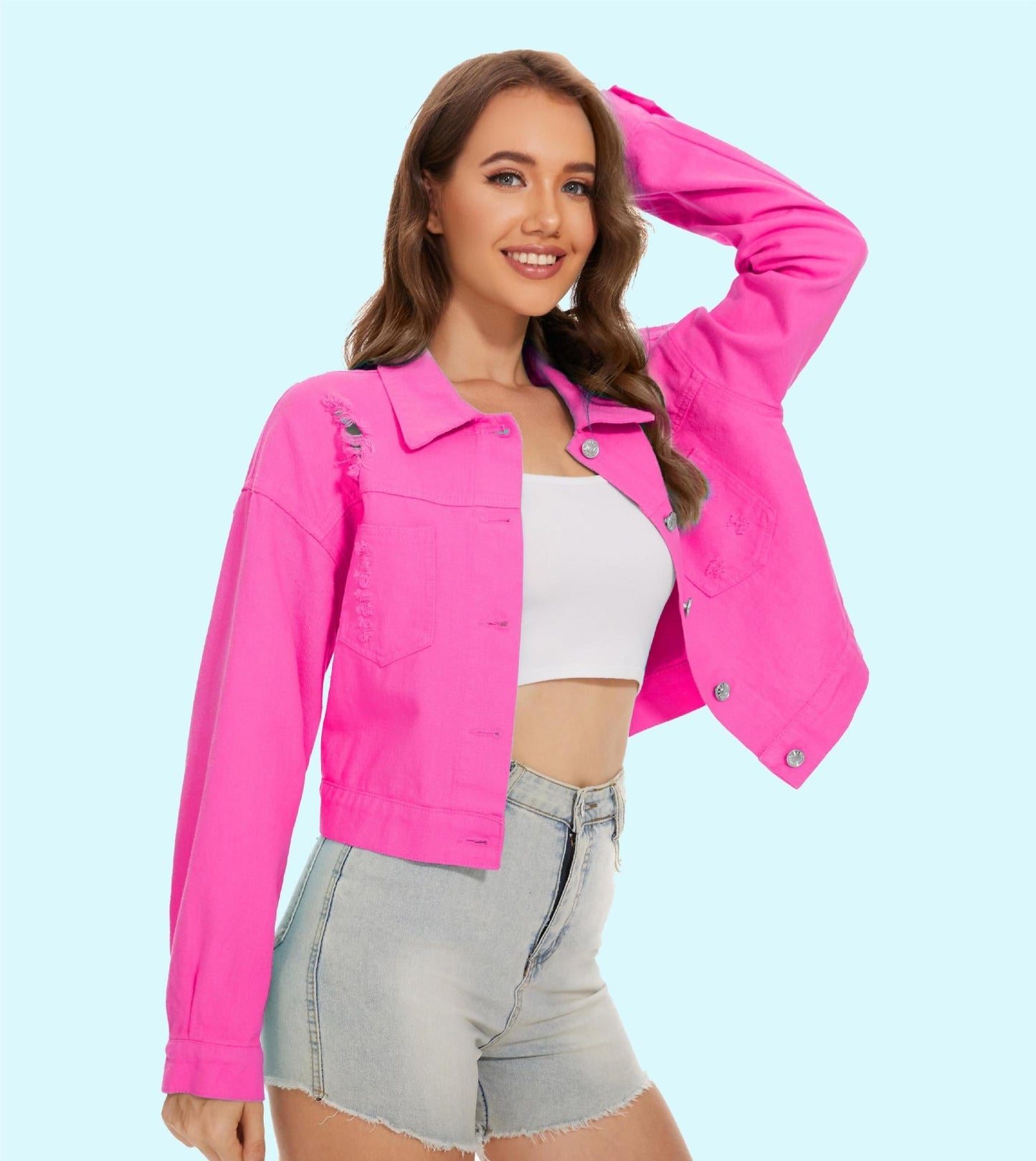 Damen Jeansjacke Crop Style Lässig Mit Fransen