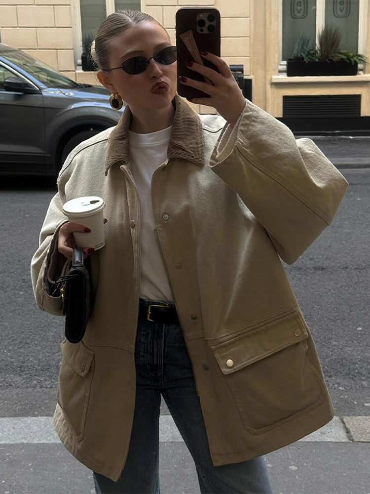 Damen Oversized Jacke Groß geschnitten Mit vielen Taschen
