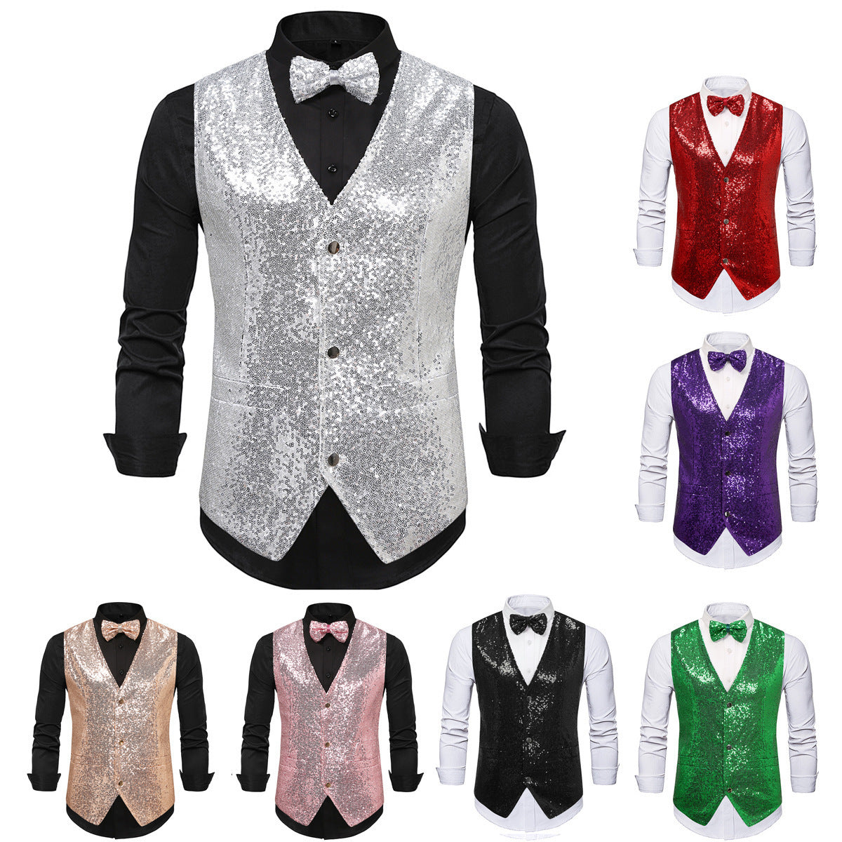Herren Weste Glitzer Pailletten mit Fliegenbinder Glamour - BerlinGlamour