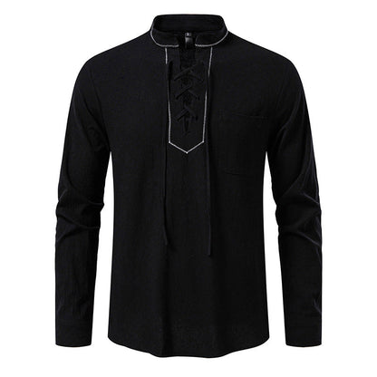 Herren Langarmshirt Modern Stehkragen Schnüren