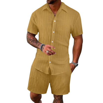Herren Kurzarm-Hemd-Set mit Shorts und Struktur-Design Sommer
