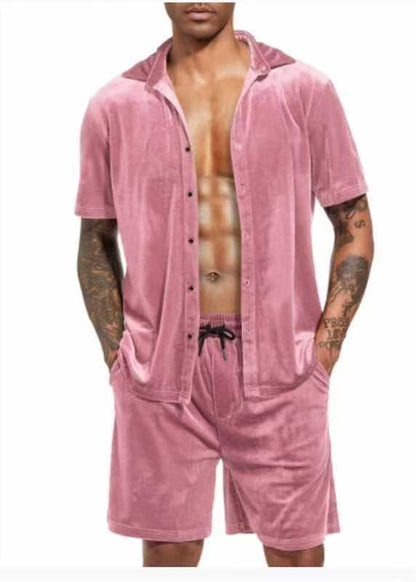 Herren Samt Hemd Shorts Set Luxus Sommer