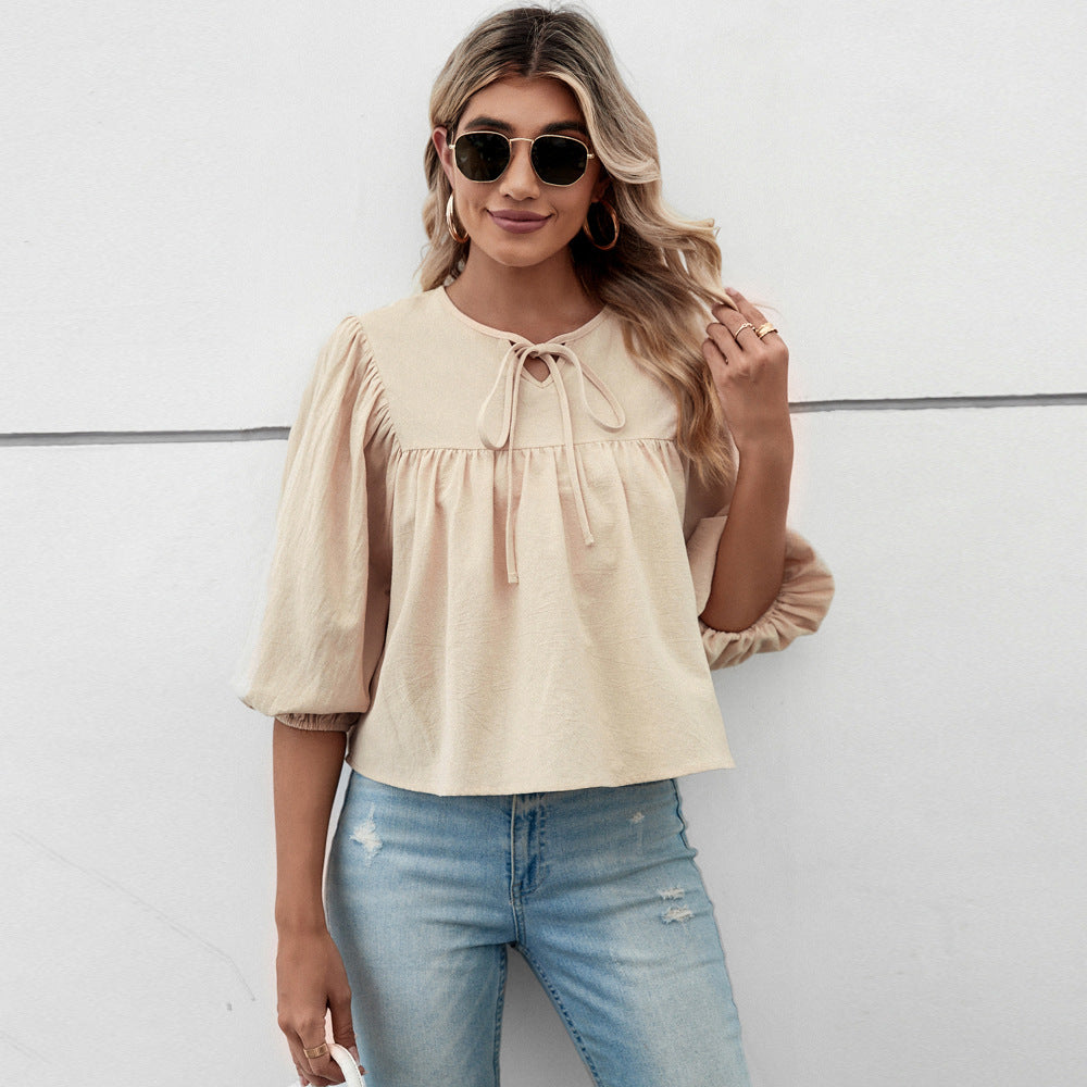 Damen Bluse Elegante Puffärmel Kordelzug Chic