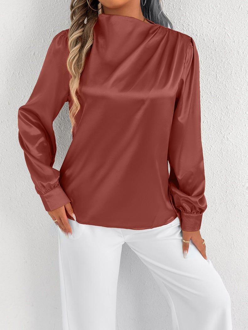Damen Bluse Satin Modern Stehkragen Elegante Ärmel