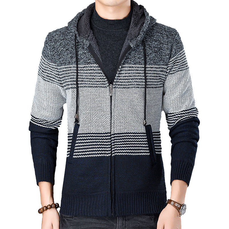 Herren Strickjacke Kapuze Modern Blockstreifen Trendig