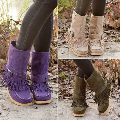 Damen Stiefel Mokassin Fransen Schnalle Modern - BerlinGlamour
