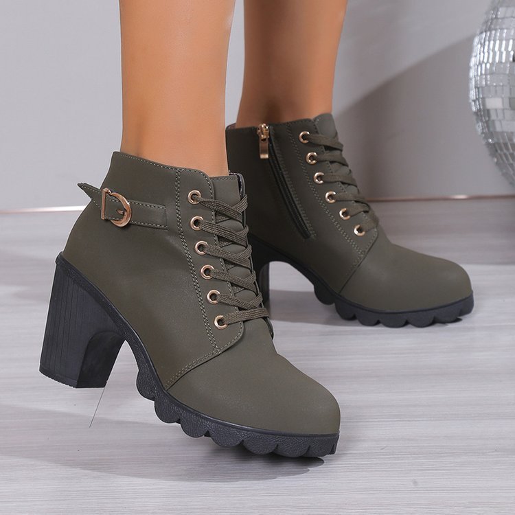 Damen Stiefeletten Blockabsatz Schnürstiefelette Reißverschluss