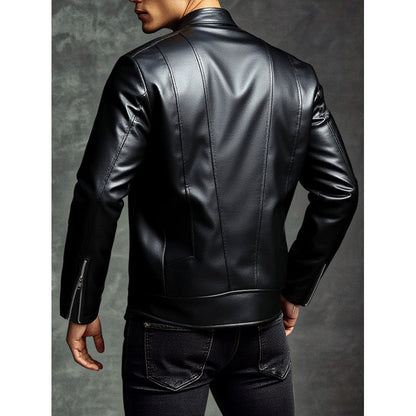 Herren Lederjacke Stehkragen Schwarz Ledermantel