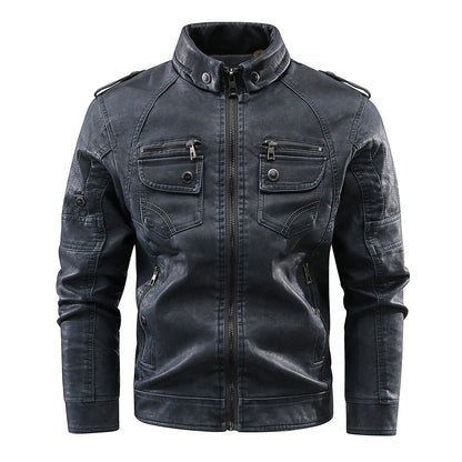 Herren Lederjacke Bikerstil Mit Taschen Schwarz