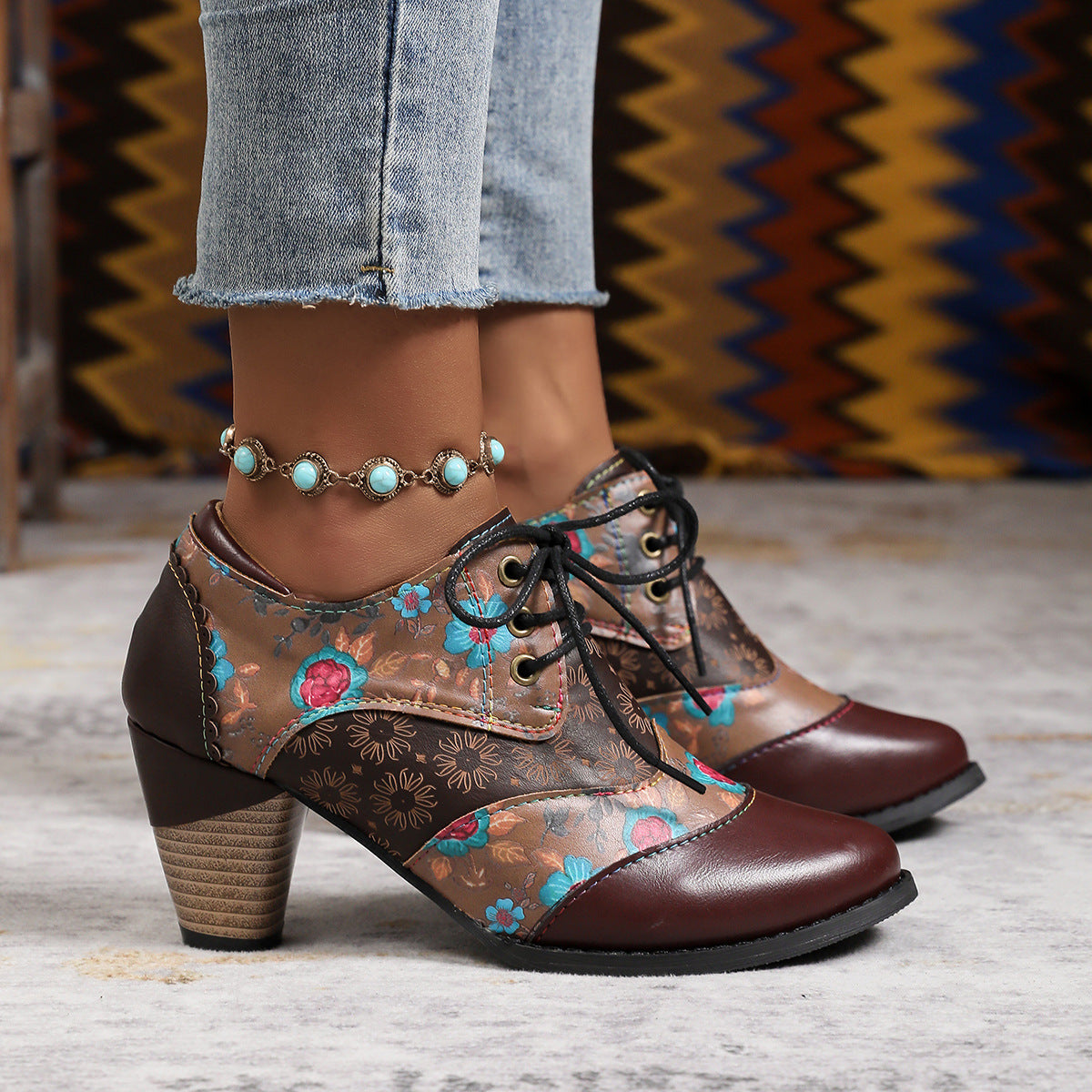 Damen Stiefeletten Blumenmuster Komfort Blockabsatz