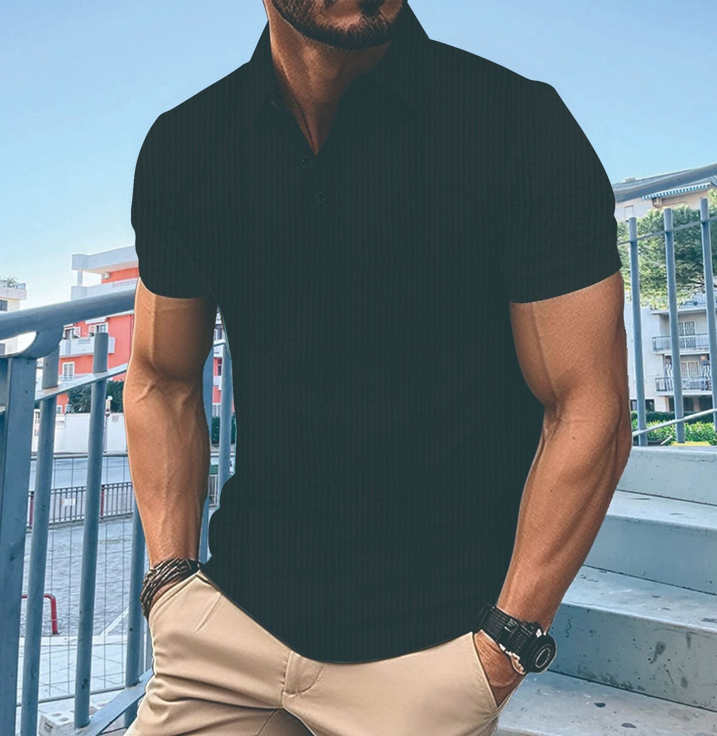 Herren T-Shirt Kurzarm Modern mit Knöpfen und Struktur