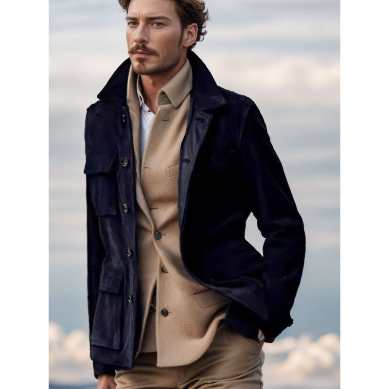 Herren Lederjacke Suede Style Vieltaschig Modern