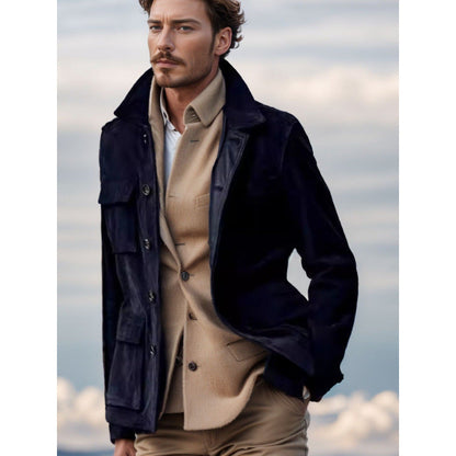 Herren Lederjacke Suede Style Vieltaschig Modern