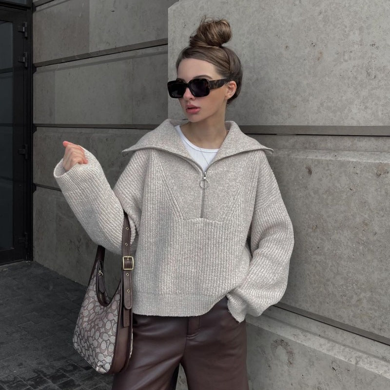 Rippstrickpullover Weich Warm Reißverschluss Lässig