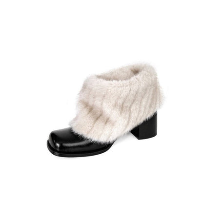 Damen Stiefeletten Luxus Kunstfell Bequem Blockabsatz