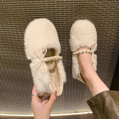 Damen Hausschuhe Flauschig Warm mit Perlen