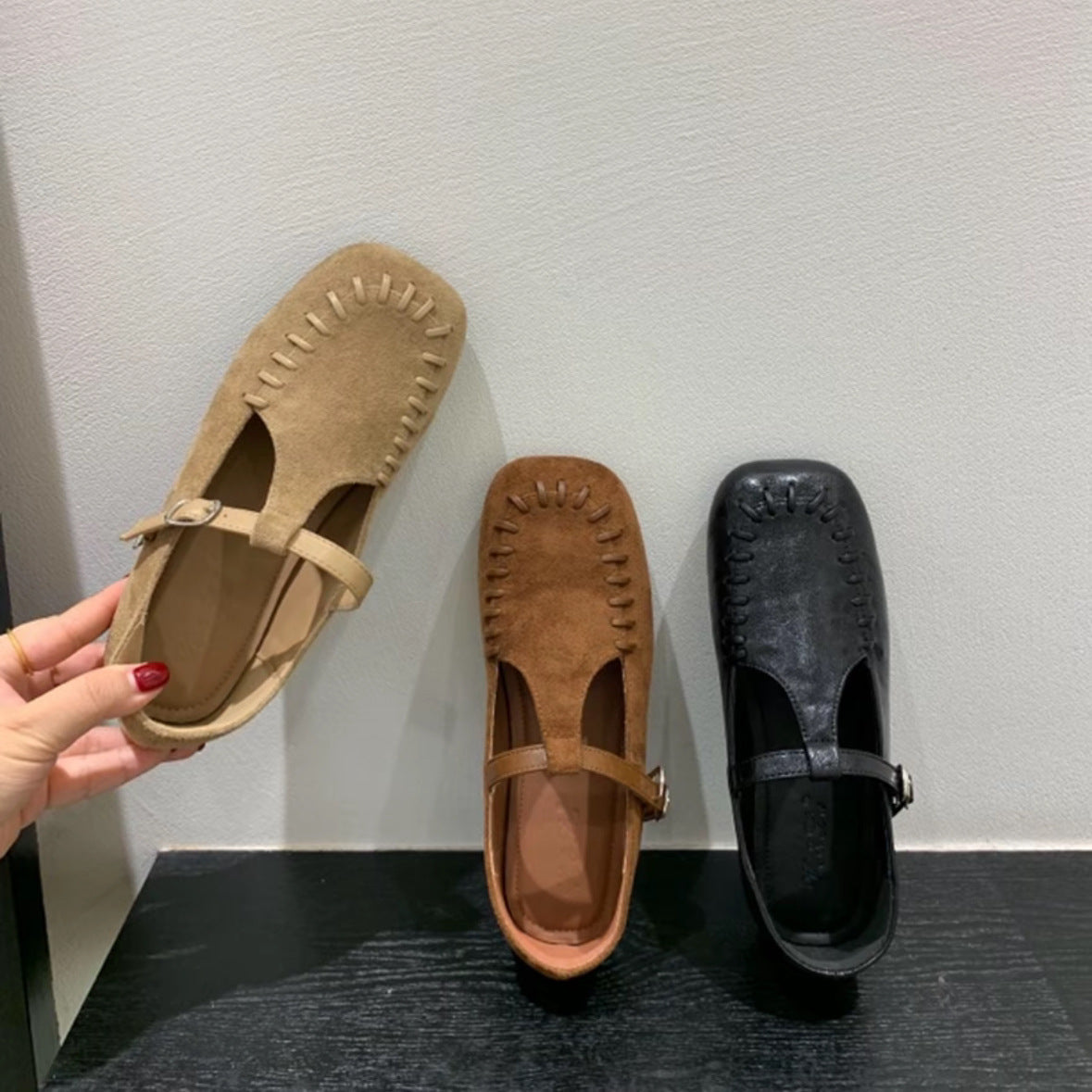 Damen Mokassins mit Stichen und verstellbarem Riemen Frauen Schuhe