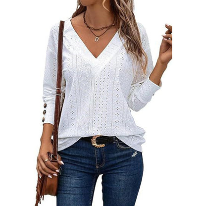 Damen Bluse V-Ausschnitt Langärmlig Gehäkelt Elegannt