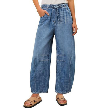 Damen Jeanshose Weite Bein Elastischer Bund