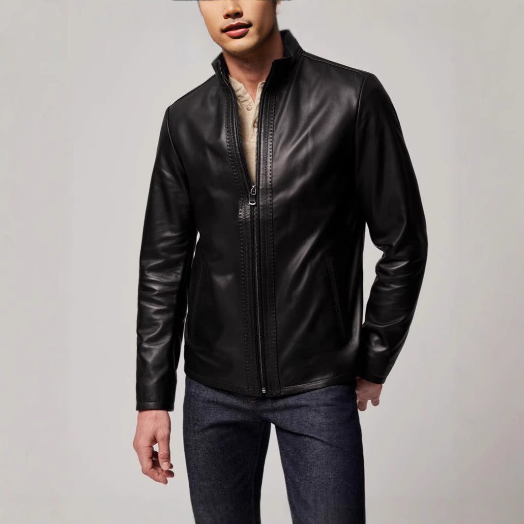 Herren Lederjacke Elegante Ledermantel Hochkragen Schwarz