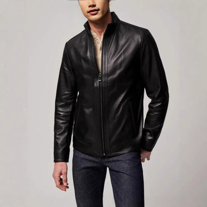 Herren Lederjacke Elegante Ledermantel Hochkragen Schwarz