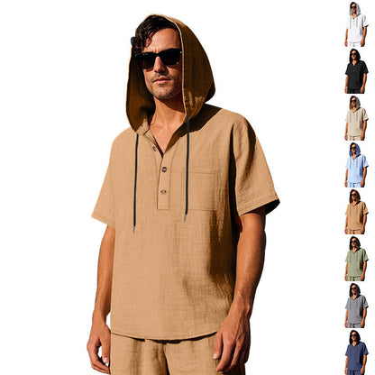 Männer Kapuzen-T-Shirt mit Knöpfen und Brusttasche Sportlich - BerlinGlamour