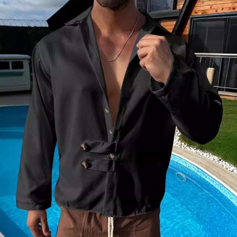 Herren Langarmbluse Elegent mit Knopfleiste Stehkragen Modern - BerlinGlamour