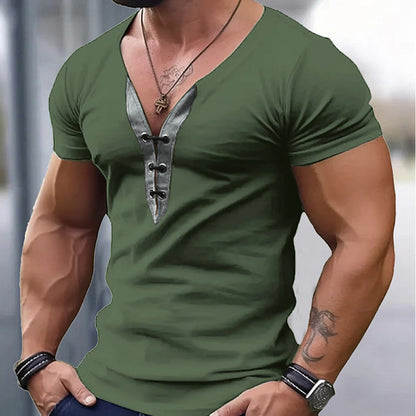 Herren Kurzarmshirt Modern V-Ausschnitt Knopfdesign - BerlinGlamour