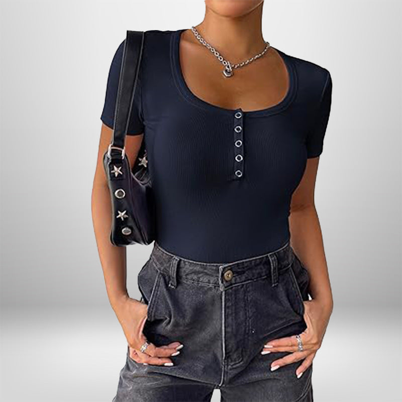 Damen Bodysuit Kurzarm Figurformend Mit Knöpfen