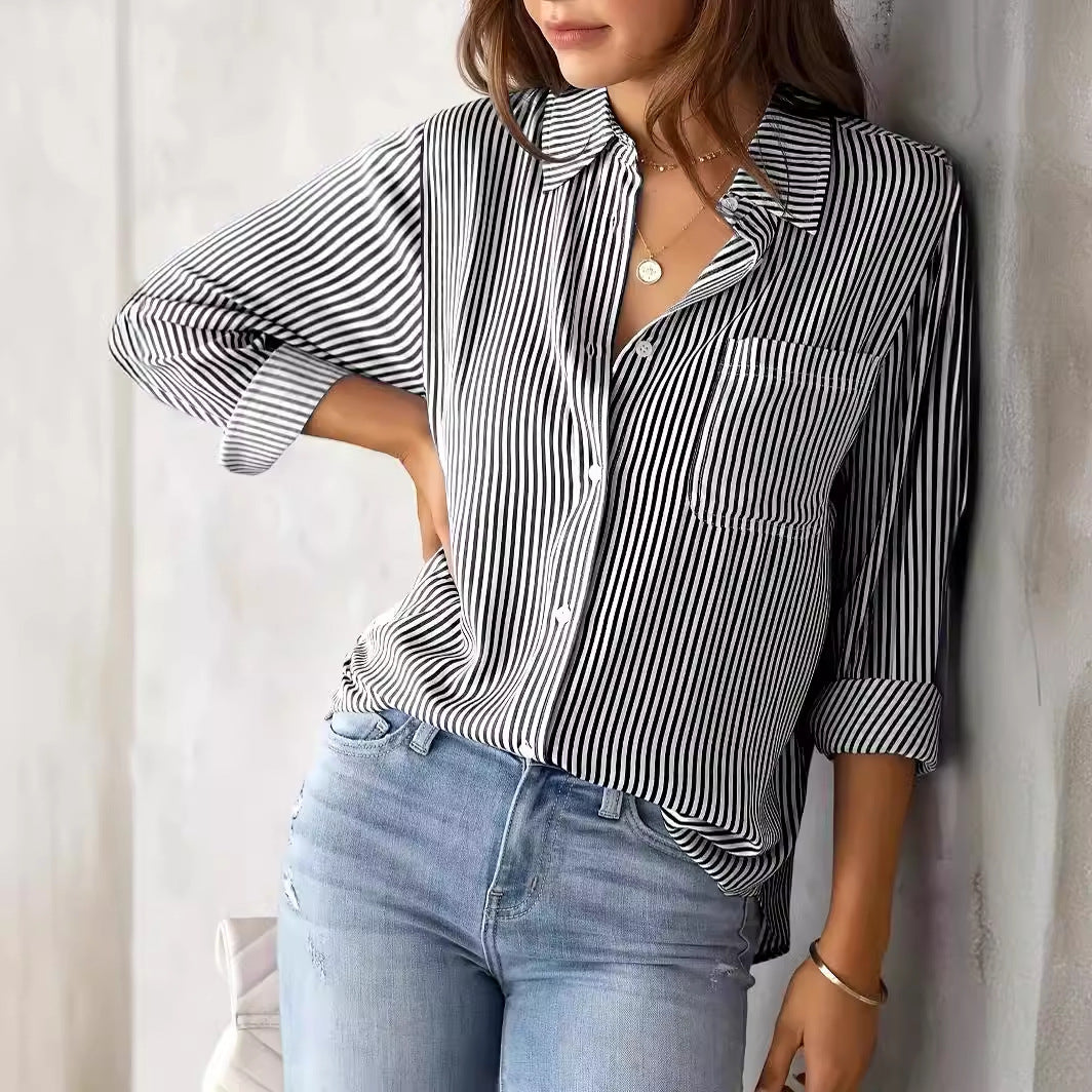 Damen Bluse Lässig Streifenoptik Mit Brusttasche