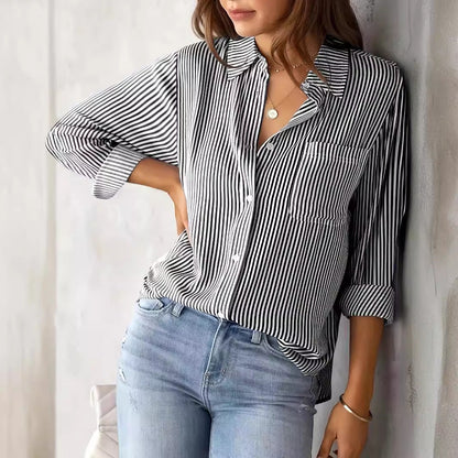 Damen Bluse Lässig Streifenoptik Mit Brusttasche
